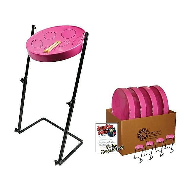 Paquete de 4 sartenes de acero para tambor Jumbie Jam Educator de Panyard W1180, de color rosa, con soporte de piso en Z de metal